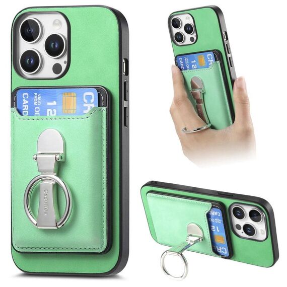 Per iPhone 12 Pro Max Retro Folding Ring Holder Card Bag MagSafe Custodia per telefono (verde)