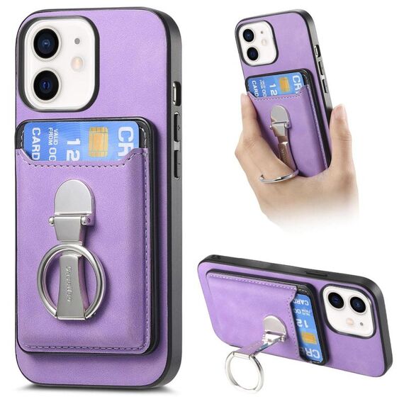 Per iPhone 11 Retro Folding Ring Holder Card Bag MagSafe Custodia per telefono (viola)