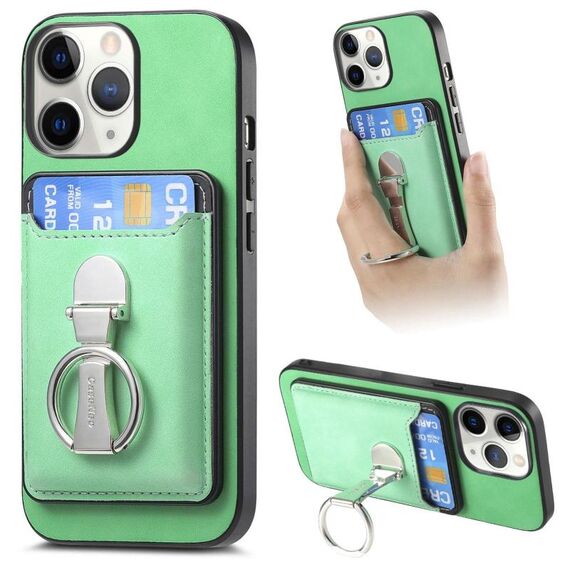Per iPhone 11 Pro Max Retro Folding Ring Holder Card Bag MagSafe Custodia per telefono (verde)