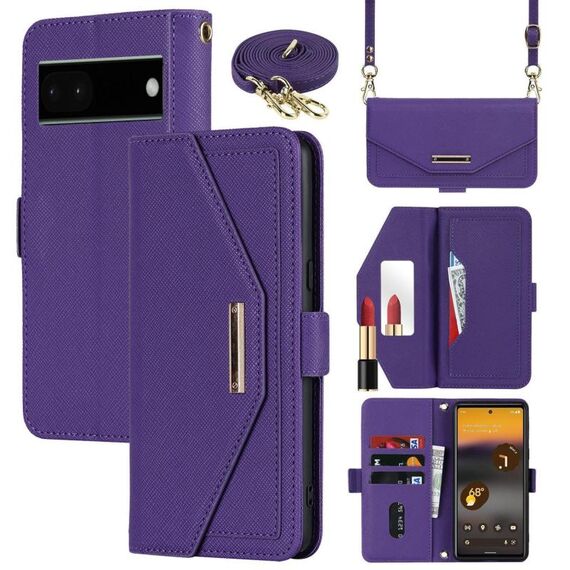 Per Google Pixel 6a Custodia per telefono in pelle con cordino a tracolla con texture incrociata (viola)