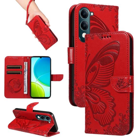 Custodia in pelle goffrata con motivo a farfalla a coda di rondine per vivo Y29S 5G / Y04 (rossa)