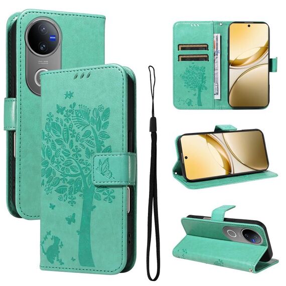 Per vivo V50 5G Custodia per telefono in pelle con motivo a rilievo albero e gatto globale (verde)