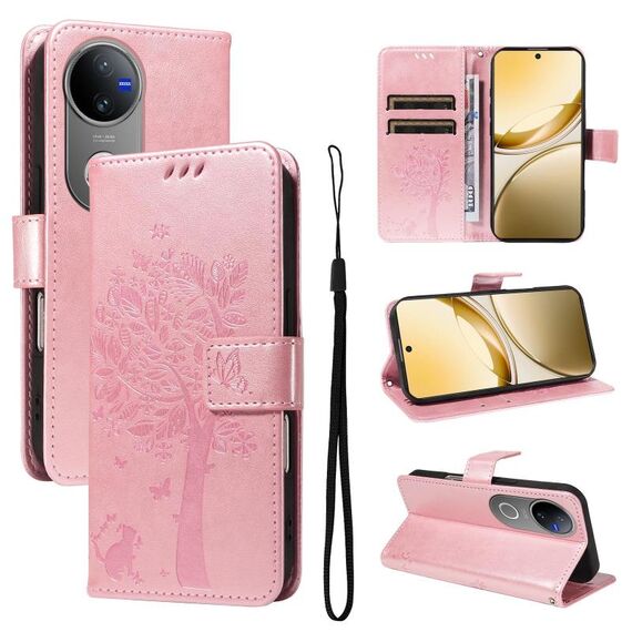 Per vivo V50 5G Custodia per telefono in pelle con motivo a rilievo albero e gatto globale (oro rosa)