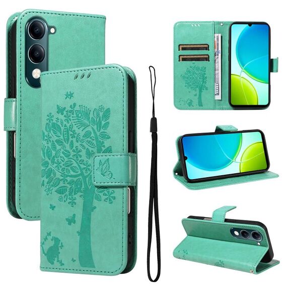 Per vivo Y29S 5G / Y04 Custodia in pelle con motivo in rilievo albero e gatto (verde)