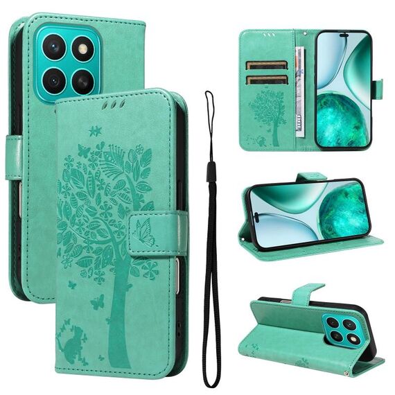 Custodia per telefono in pelle con motivo a rilievo per Honor X8C 4G Global Tree & Cat (verde)
