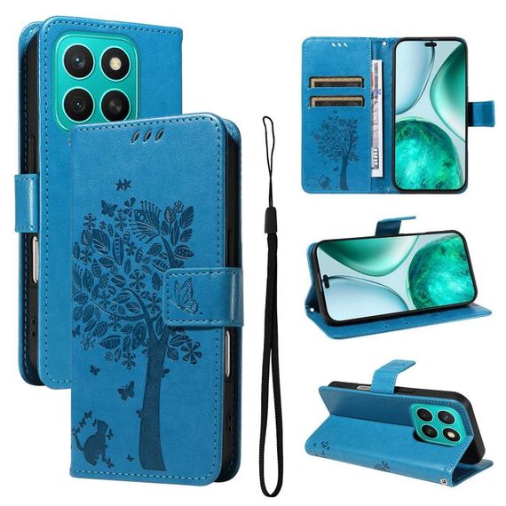 Per Honor X8C 4G Custodia per telefono in pelle con motivo a rilievo albero e gatto globale (blu)