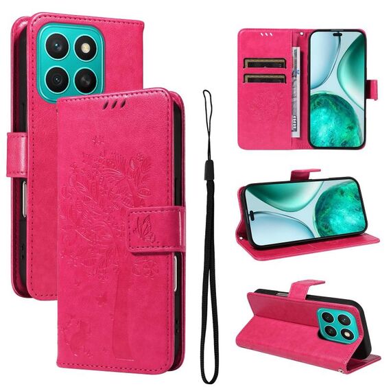 Per Honor X8C 4G Custodia per telefono in pelle con motivo in rilievo albero e gatto (rosso rosa)