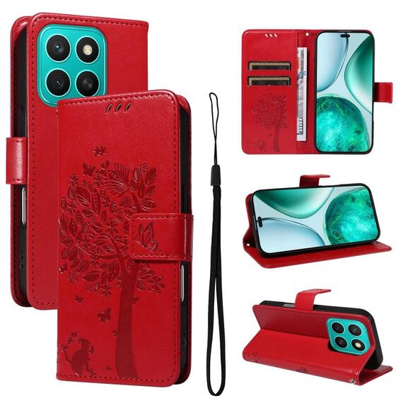 Custodia per telefono in pelle con motivo a rilievo per Honor X8C 4G Global Tree & Cat (rosso)
