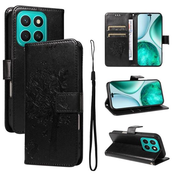 Per Honor X8C 4G Custodia per telefono in pelle con motivo a rilievo albero e gatto globale (nero)