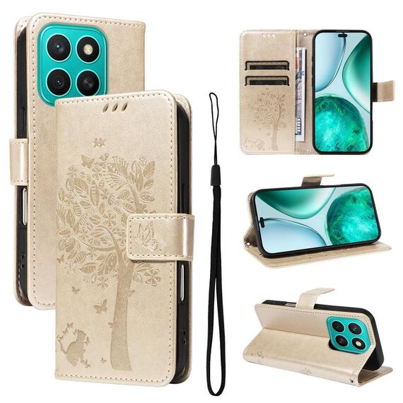 Per Honor X8C 4G Custodia per telefono in pelle con motivo a rilievo albero e gatto globale (oro)