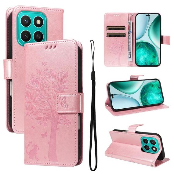 Custodia per telefono in pelle con motivo a rilievo albero e gatto per Honor X8C 4G (oro rosa)