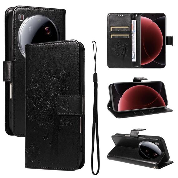 Per Xiaomi 15 Ultra 5G Custodia per telefono in pelle con motivo in rilievo albero e gatto (nero)