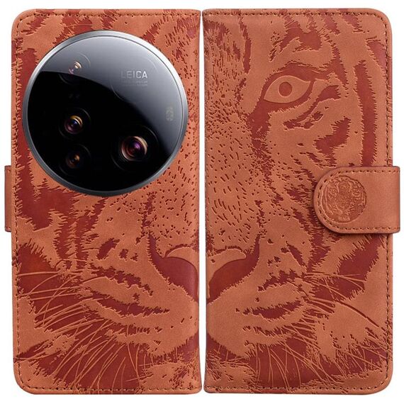 Per Xiaomi 15 Ultra Custodia in pelle con motivo a rilievo Tiger Flip (marrone)
