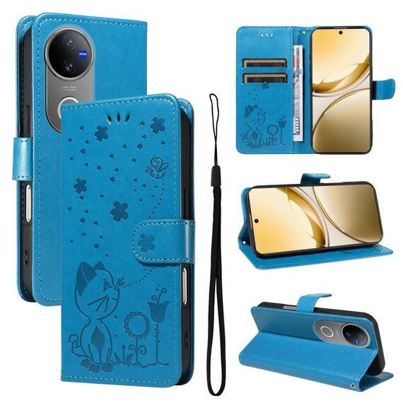 Custodia a libro in pelle con motivo gatto e ape per vivo V50 5G (blu)