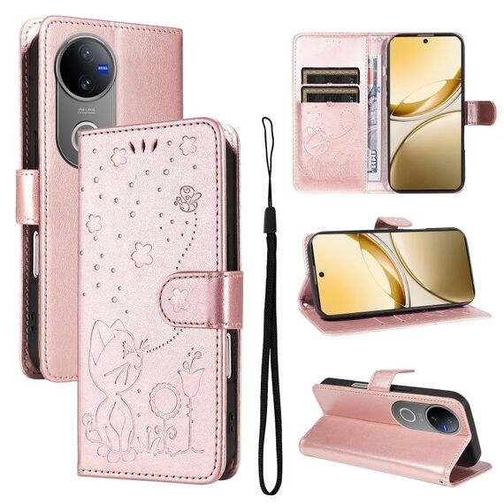 Custodia a libro in pelle con stampa gatto e ape per vivo V50 5G (oro rosa)
