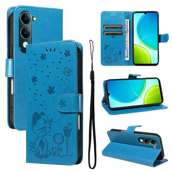 Custodia in pelle con stampa gatto e ape per vivo Y29S 5G / Y04 (blu)