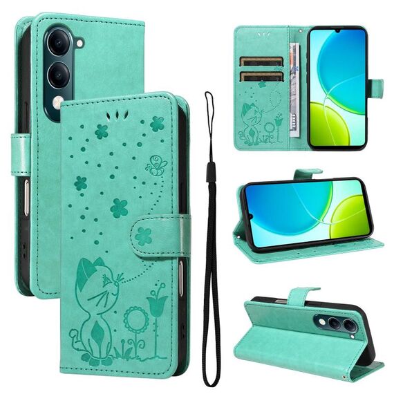 Custodia in pelle con stampa gatto e ape per vivo Y29S 5G / Y04 (verde)