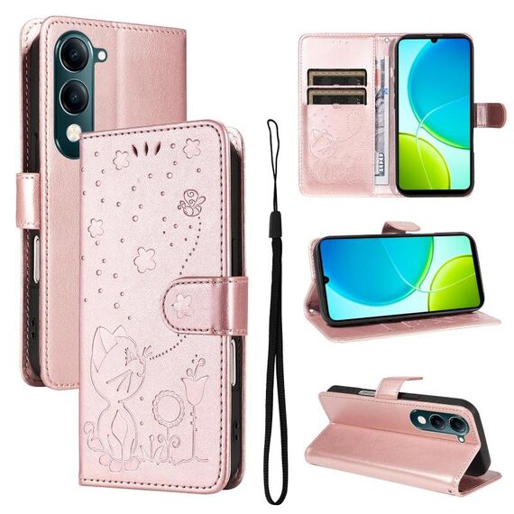 Custodia in pelle con stampa gatto e ape per vivo Y29S 5G / Y04 (oro rosa)