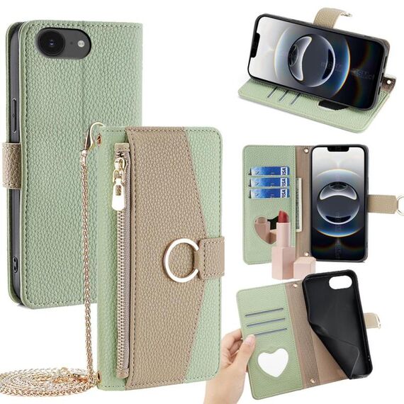Per iPhone 16e Custodia a tracolla in pelle con trama Litchi (verde)