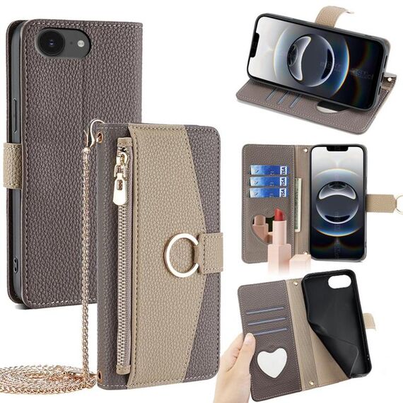 Per iPhone 16e Custodia a tracolla in pelle con texture Litchi (grigio)