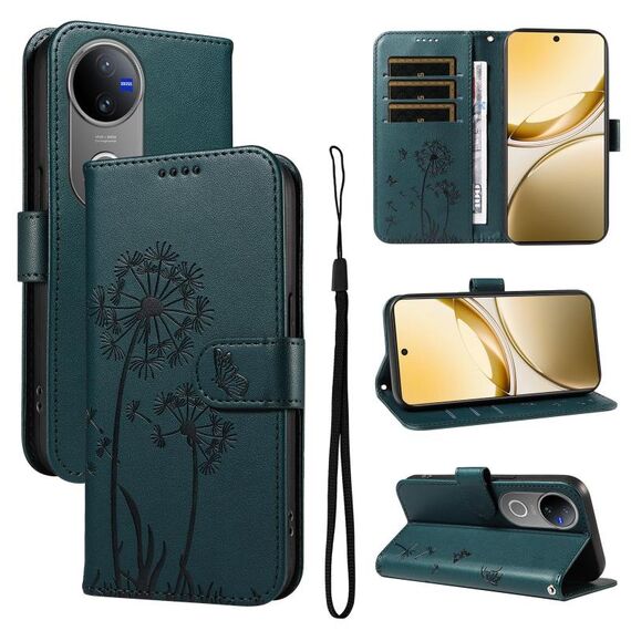Custodia a libro in pelle con motivo a dente di leone in rilievo per vivo V50 5G (blu)