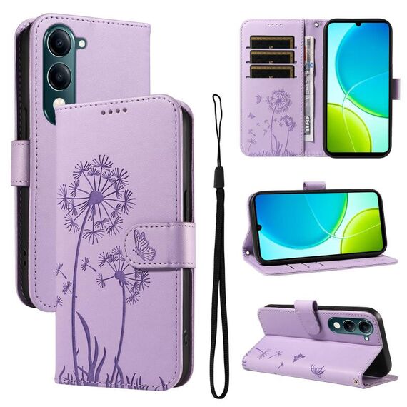 Custodia a libro in pelle con motivo a dente di leone in rilievo per vivo Y29S 5G / Y04 (viola)