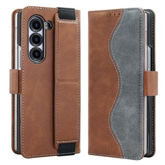 Per Samsung Galaxy Z Fold6 VIETAO Custodia per telefono in pelle con giunzioni integrate con cinturino elastico (marrone)