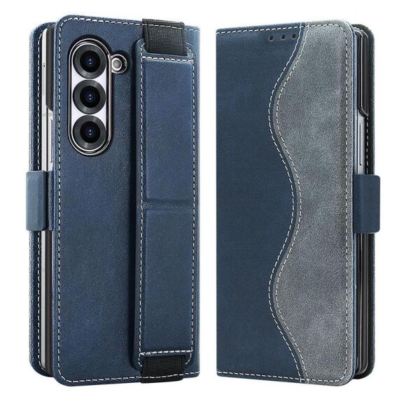 Per Samsung Galaxy Z Fold6 VIETAO Custodia per telefono in pelle con giunzioni integrate con cinturino elastico (blu)