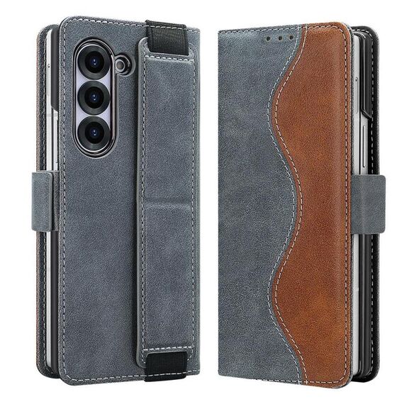 Per Samsung Galaxy Z Fold6 VIETAO Custodia per telefono in pelle con giunzioni integrate con cinturino elastico (grigio)