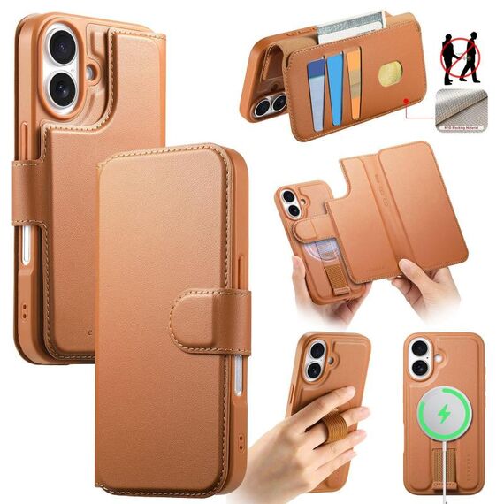 Per iPhone 16 CaseNeo Finger Grip Strap MagSafe Custodia in pelle per telefono (marrone)