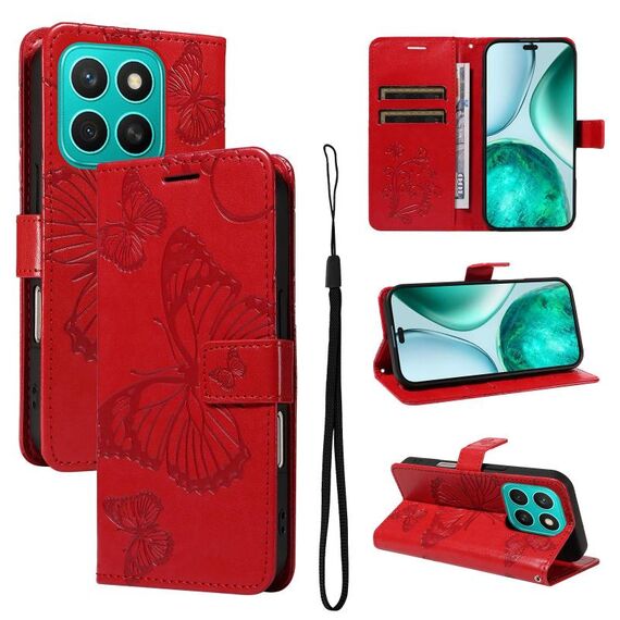 Per Honor X8C 4G Custodia per telefono in pelle con motivo a farfalla in rilievo 3D globale (rosso)