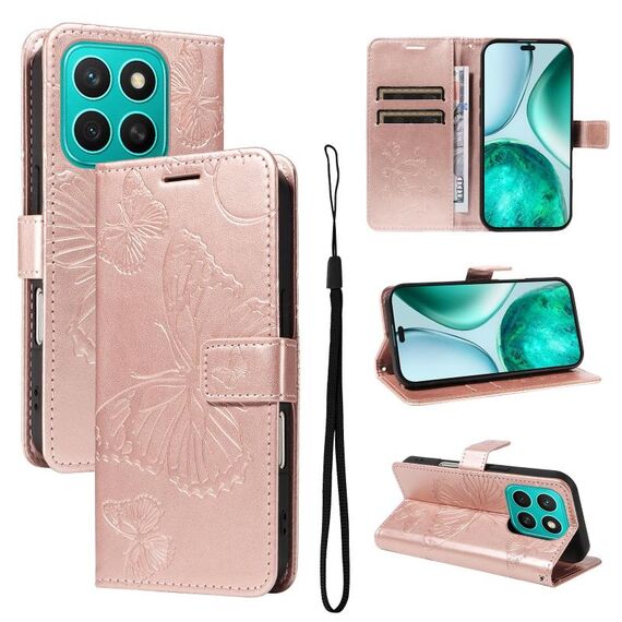 Per Honor X8C 4G Custodia per telefono in pelle con motivo a farfalla in rilievo 3D globale (oro rosa)