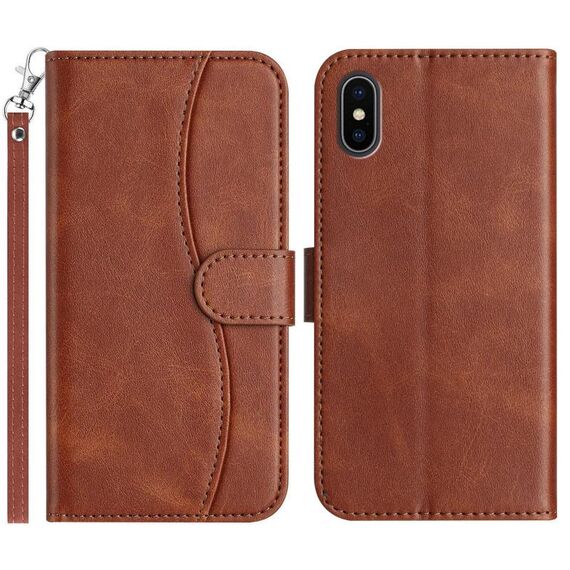Per iPhone X / XS Custodia per telefono in pelle a forma di S a doppia piega (caffè)