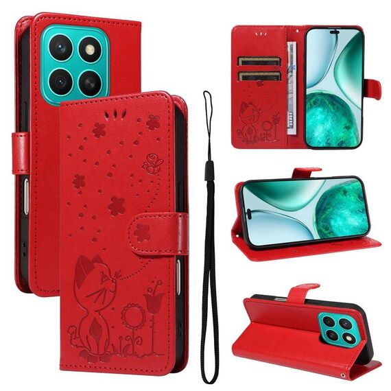 Per Honor X8c 4G Custodia per telefono in pelle con stampa gatto e ape (rosso)
