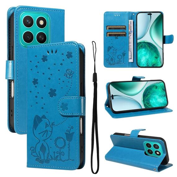 Per Honor X8c 4G Custodia per telefono in pelle con motivo a gatto e ape in rilievo (blu)