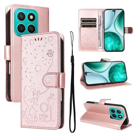 Per Honor X8c 4G Custodia per telefono in pelle con stampa gatto e ape (oro rosa)