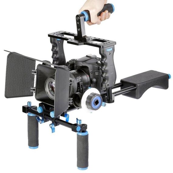 YELANGU YLG1103A-A Supporto a spalla per fotocamera a doppia impugnatura + Kit stabilizzatore gabbia fotocamera con scatola opaca per fotocamera DSLR / videocamera