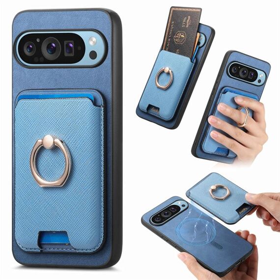 Per Google Pixel 9a Retro Cross Leather Ring Vertical Insert Card Bag MagSafe Custodia per telefono (blu)