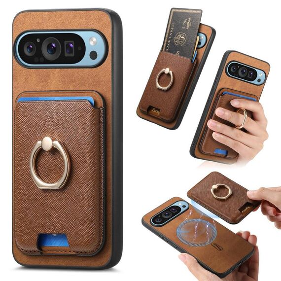 Per Google Pixel 9 Pro XL Retro Cross Leather Ring Vertical Insert Card Bag MagSafe Custodia per telefono (marrone)