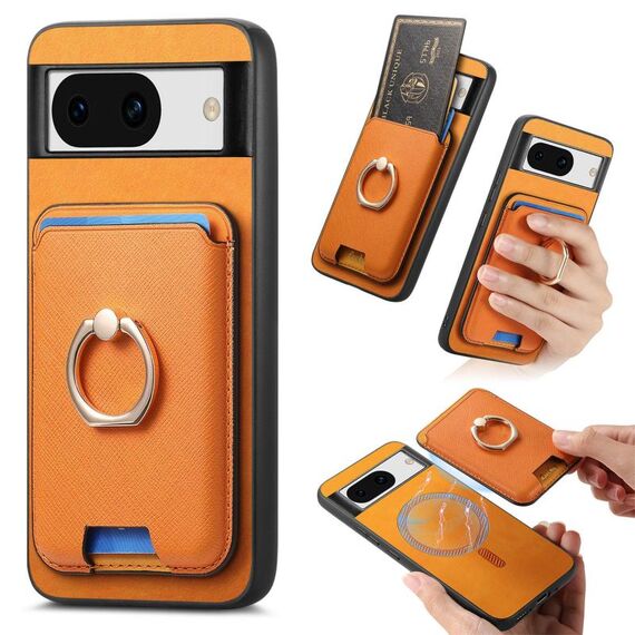Per Google Pixel 8a Retro Cross Leather Ring Vertical Insert Card Bag MagSafe Custodia per telefono (giallo)