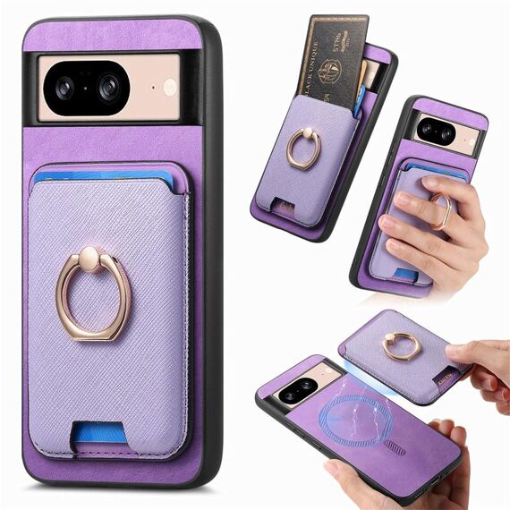 Per Google Pixel 8 Retro Cross Leather Ring Vertical Insert Card Bag MagSafe Custodia per telefono (viola)