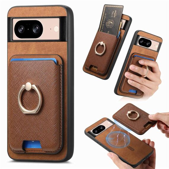 Per Google Pixel 8 Retro Cross Leather Ring Vertical Insert Card Bag MagSafe Custodia per telefono (marrone)
