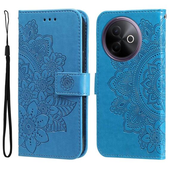 Per vivo Y39 5G / Y300i Custodia in pelle con stampa a fiori a sette petali (blu)