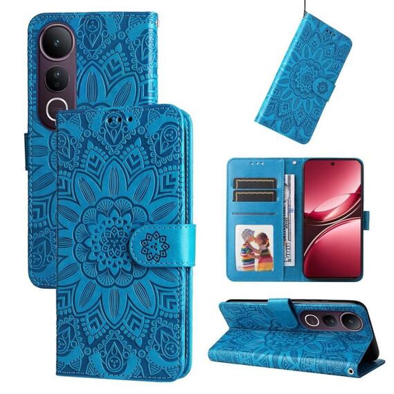 Per vivo V50 Lite 4G / 5G Custodia per telefono in pelle con motivo girasole in rilievo (blu)