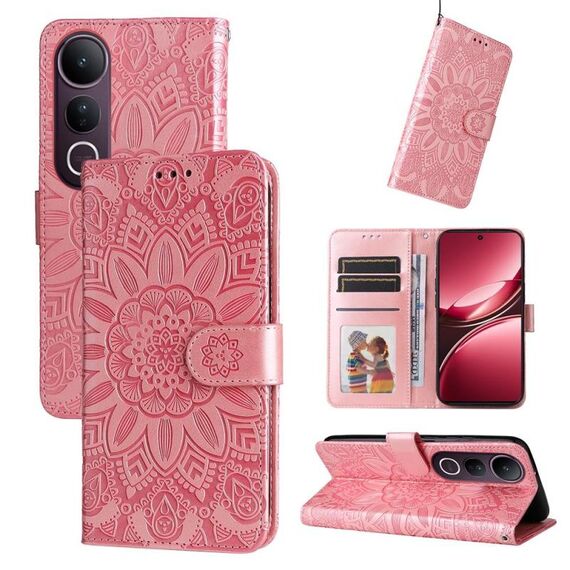 Per vivo V50 Lite 4G / 5G Custodia per telefono in pelle con motivo girasole in rilievo (oro rosa)
