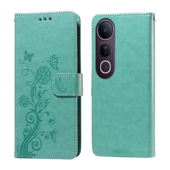 Per vivo V50 Lite 4G / 5G Custodia in pelle con fiori di farfalla in rilievo (verde)