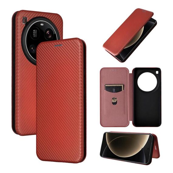 Per Xiaomi 15 Ultra Custodia in Pelle Flip con Texture in Fibra di Carbonio (Marrone)