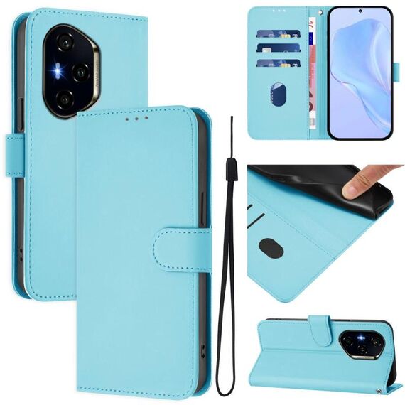 Custodia in pelle tinta unita per Honor 400 con cordino (blu cielo)