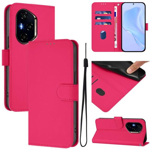 Custodia in pelle tinta unita per Honor 400 con cordino (rosso rosa)