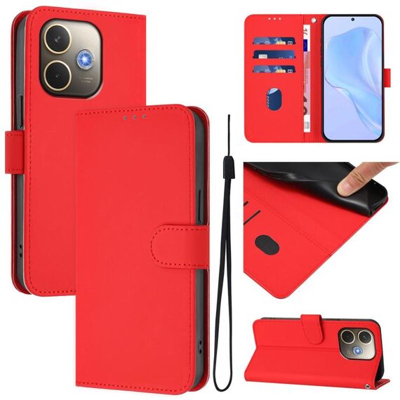 Per OPPO A5 Pro 5G Custodia per telefono in pelle tinta unita con cordino (rosso)
